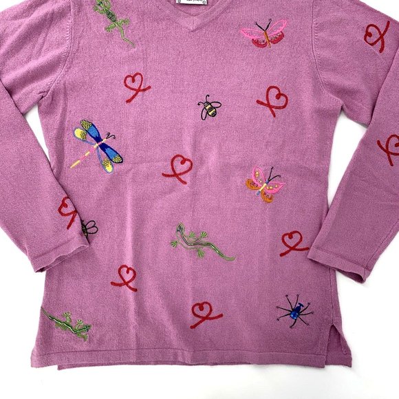 Vintage‎ Michael Simon Embroidered Butterfly Heart Bee Sweater Women Sz Medium - Picture 3 of 7